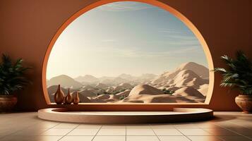 ai gerado pódio fundo dentro Ramadã feriado minimalismo estilo . oriental árabe Projeto com tons do pastel cores. foto