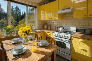 ai gerado limpar \ limpo minimalista amarelo estilo pequeno cozinha profissional publicidade fotografia foto