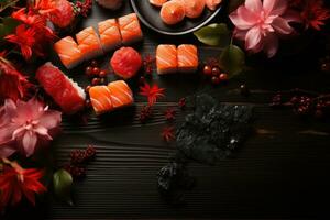 ai gerado Sushi japonês Comida isolado dentro cozinha mesa profissional publicidade Comida fotografia foto