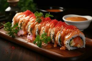 ai gerado Sushi japonês Comida isolado dentro cozinha mesa profissional publicidade Comida fotografia foto