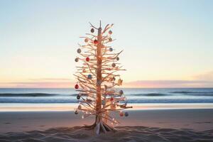 ai gerado Natal árvore fez com madeira Gravetos em a de praia às pôr do sol foto