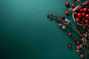 ai gerado Natal feriados composição do abeto árvore galhos com enfeites cópia de espaço foto