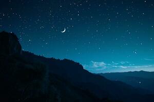 ai gerado panorama Visão do noite céu e lua, estrelas, Ramadã kareem islâmico fundo foto