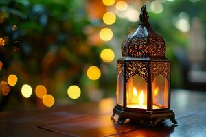 ai gerado ornamental árabe lanternas. cintilante dourado bokeh luzes em a mesa foto