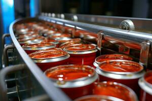 ai gerado enlatado peixe fábrica sardinha dentro tomate molho, Produção linha cena foto