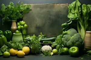 ai gerado gastronômico deleite fresco verduras e ervas emoldurado em concreto pano de fundo foto