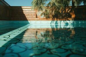 ai gerado nostálgico verão começar esvaziar piscina, oxidado escadaria, e lado a lado chão foto