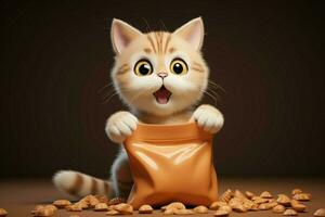 ai gerado brincalhão felino enfeites 3d rendido animal Comida saco dentro desenho animado estilo foto
