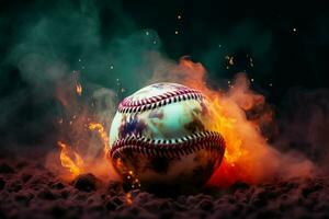 ai gerado misterioso ambiente colorida beisebol pops dentro uma esfumaçado, dramático configuração foto