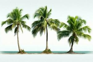 ai gerado tropical tranquilidade coco árvores isolado em uma sereno branco pano de fundo foto