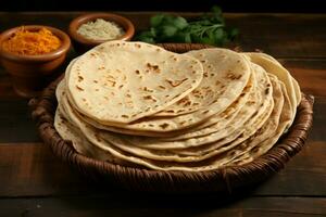 ai gerado de madeira pano de fundo indiano tradicional cozinha apresentando chapati, uma cultural grampo foto