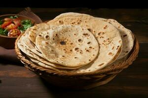 ai gerado indiano tradicional cozinha chapati em uma rústico de madeira fundo foto