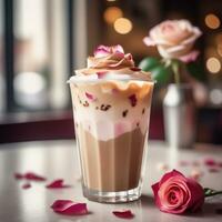 ai gerado a exótico gelado café com leite com expresso, frio leite, e uma combinação do água de rosas e cardamomo xarope. ai generativo foto