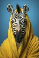 ai gerado retrato do uma zebra vestindo roupão de banho com pastel azul fundo foto