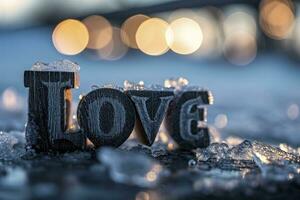 ai gerado amor inscrição em neve e geada em gelado inverno dia foto