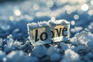 ai gerado amor inscrição em neve e geada em gelado inverno dia foto