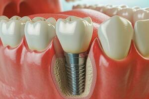 ai gerado dente implantar instalado dentro mandíbula. dental cirurgia foto