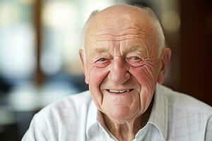 ai gerado retrato do feliz aposentado Senior homem em pé às casa perto janela. satisfeito velho homem olhando às Câmera e sorridente enquanto de pé. positivo e confiante idosos apreciar dele aposentadoria. foto