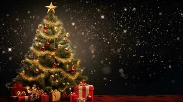 ai gerado interior Natal árvore decorado com grande quantidade do enfeites foto