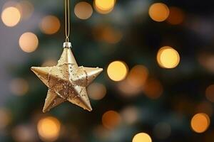 ai gerado uma fechar acima do uma Natal árvore com Estrela enfeites suspensão a partir de Está galhos e uma embaçado fundo foto