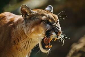 ai gerado rugindo puma ou montanha leão caça Está presa foto