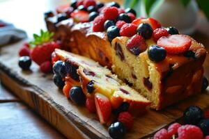 ai gerado recentemente cozido fruta bolo com fresco fruta foto