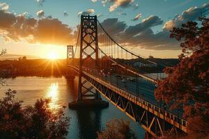 ai gerado dourado hora foto do a ponte com dramático iluminação profissional fotografia