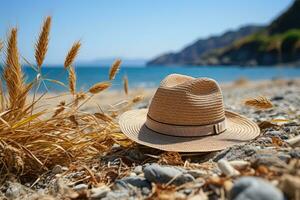 ai gerado Palha chapéu em a areia de praia profissional fotografia foto