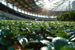 ai gerado exuberante verde gramado às futebol futebol Esportes estádio profissional fotografia foto