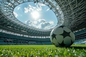 ai gerado exuberante verde gramado às futebol futebol Esportes estádio profissional fotografia foto