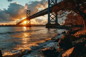 ai gerado dourado hora foto do a ponte com dramático iluminação profissional fotografia
