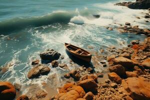 ai gerado lindo marinha de praia oceano com colorida barcos profissional fotografia foto