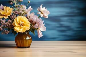 ai gerado de madeira mesa com flores profissional fotografia foto