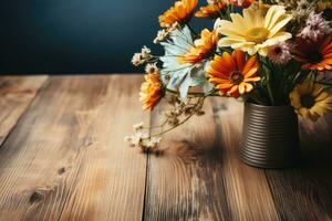 ai gerado de madeira mesa com flores profissional fotografia foto