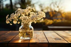 ai gerado de madeira mesa com flores dentro a fundo profissional fotografia foto