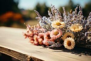 ai gerado de madeira mesa com flores dentro a fundo profissional fotografia foto