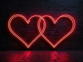 par do néon corações em tijolo parede amor símbolo foto