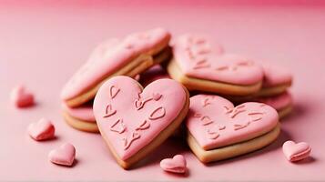 ai gerado fechar-se coração em forma biscoitos Rosa fundo foto