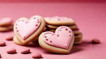 ai gerado fechar-se coração em forma biscoitos Rosa fundo foto