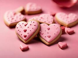 ai gerado fechar-se coração em forma biscoitos Rosa fundo foto