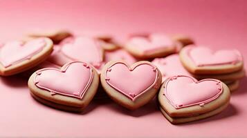 ai gerado fechar-se coração em forma biscoitos Rosa fundo foto