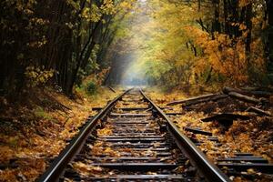 ai gerado estrada de ferro dentro a outono floresta. Ferrovia dentro a outono floresta, ai gerado foto