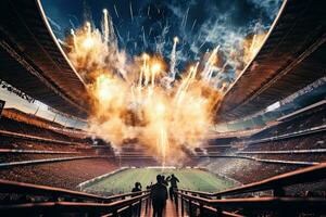 ai gerado estádio luzes e fogos de artifício às noite. misturado meios de comunicação. misturado meios de comunicação, ai gerado foto