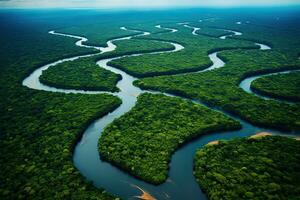 ai gerado aéreo Visão do mangue floresta com rio. natureza fundo, ai gerado foto