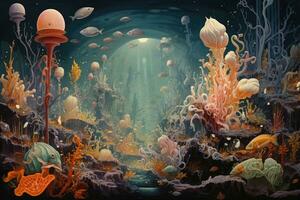 ai gerado embaixo da agua cena com coral recife, peixe, algas marinhas e de outros elementos, a embaixo da agua cena exibindo uma miríade do mar criaturas, ai gerado foto