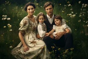 ai gerado jovem família com dois crianças dentro a campo do margaridas, uma família retrato dentro uma exuberante verão campo, ai gerado foto