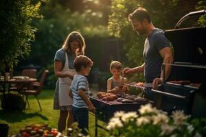 ai gerado feliz família tendo churrasco festa dentro jardim às verão dia. pai, mãe e crianças tendo Diversão ao ar livre, uma família preparando uma churrasco dentro seus quintal, ai gerado foto