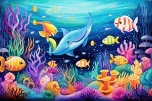 ai gerado embaixo da agua cena com corais, peixes e algas. vetor ilustração, a embaixo da agua cena preenchidas com bonitinho, sorridente mar criaturas e corais dentro vibrante cores, ai gerado foto