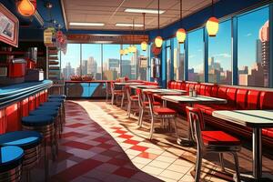 ai gerado interior do uma moderno cafeteria com vermelho cadeiras e mesas, 3d renderizar, a velho americano o jantar dentro a estilo do pop arte, ai gerado foto