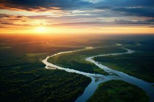 ai gerado aéreo Visão do rio e floresta às pôr do sol. lindo verão paisagem, ai gerado foto